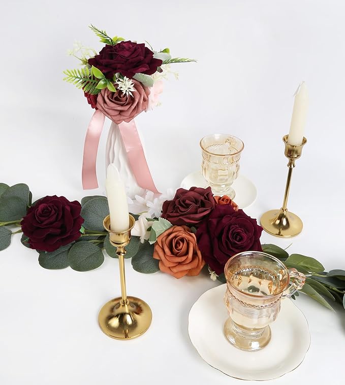 Burgundy Roses 16pcs Artificial Velvet Roses Maroon Flowers 4.3" Burgundy Fake Flowers Dark Red Roses for Wedding Bouquet Flowers for Floral Centerpieces Home Party Decor (Burgundy)