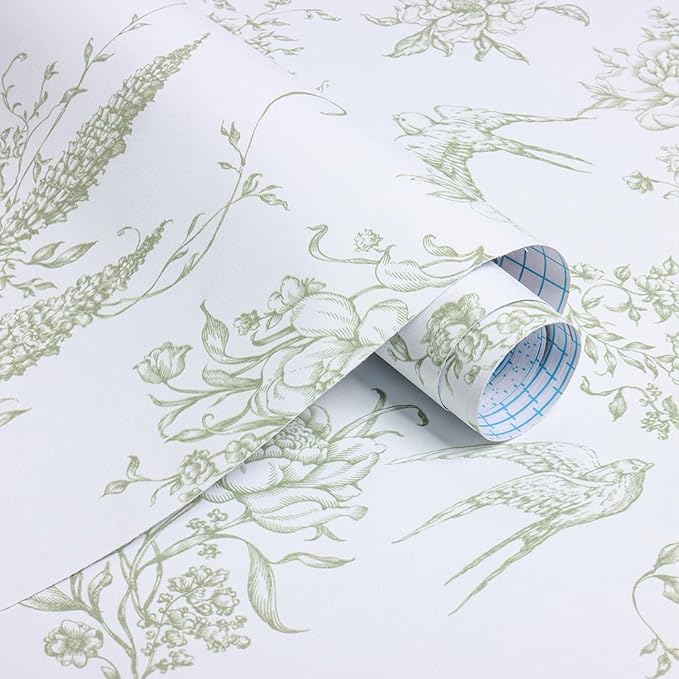 Floral Birds Wallpaper Peel and Stick Green and White Contact Paper 16.9”x 196.8” Vintage Floral Self Adhesive Removable Wallpaper Green Flower Contact Paper for Bathroom Kitchen Decor