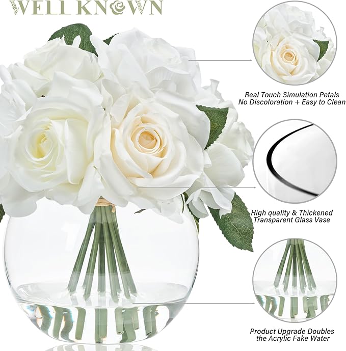WELL KNOWN Artificial Flowers with Vase, Silk Rose Artificial Flowers Table Centerpieces with Faux Water for Home Decoration Fake Roses Flower Arrangements for Table Decor (White&Green)
