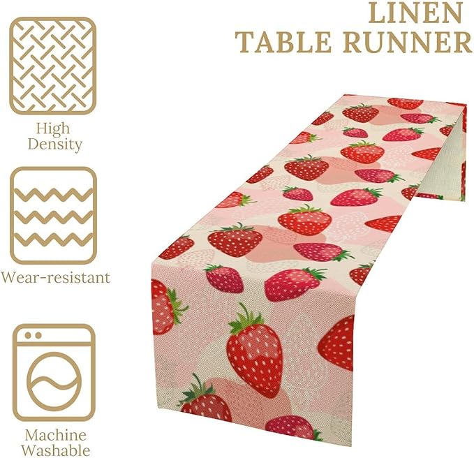 Strawberry Table Runner, Spring Summer Fruit Birthday Party Decoration Dining Room Home Kitchen Table Decor 13 x 90In