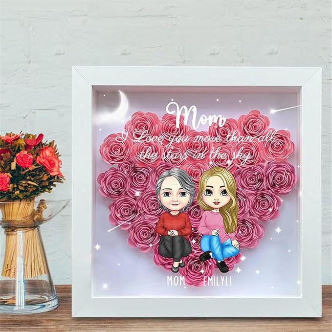 Personalized Mom Flower Shadow Box Custom Heart Shaped Rose Flower Shadow Box Frame with The Between A Mother And Daughter Is Forever Mother's Day Portrait Shadowbox Memory Gifts for Mom