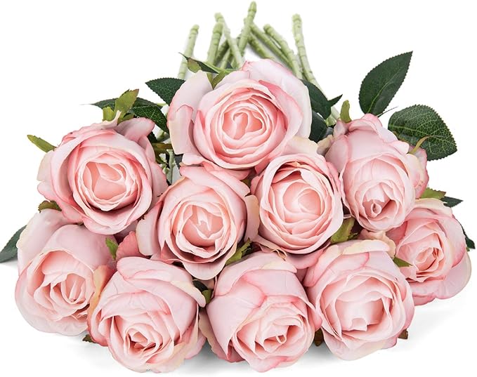 Flojery 10pcs Artificial Rose Flowers Long Stem Fake Silk Roses for DIY Wedding Bouquet Table Centerpiece Home Decor (Light Pink)