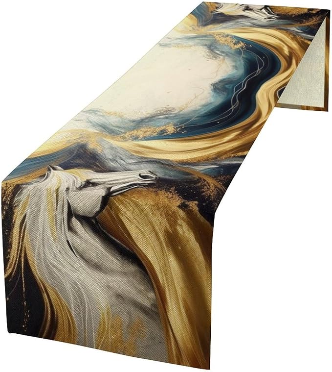 Marble Horse Table Runner, Dark Green Brown Marble Abstract White Horses Gold Natural Texture Dinner Runner Table Decoration for Home Kitchen Dining Holiday Party 13x108in