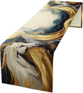 Marble Horse Table Runner, Dark Green Brown Marble Abstract White Horses Gold Natural Texture Dinner Runner Table Decoration for Home Kitchen Dining Holiday Party 13x120in