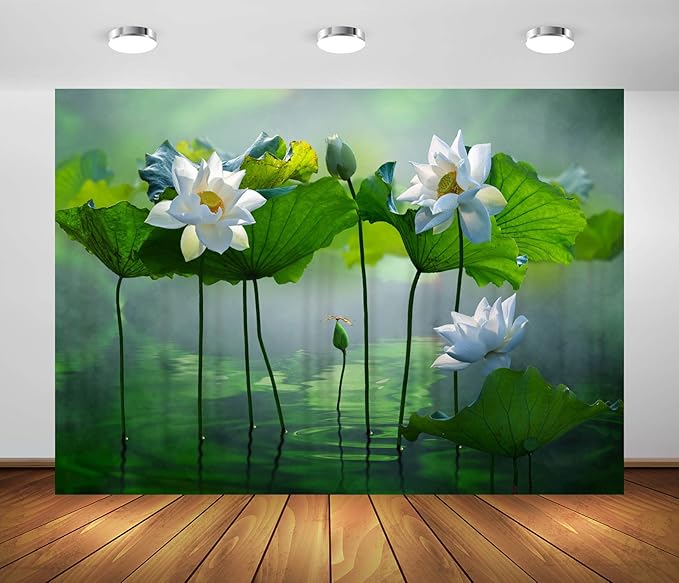 BELECO 15x10ft Fabric Lotus Flower Backdrop Lotus Garden Blooming White Lotus Flowers Pond Background Wall Decor Photo Booth Shoot Studio Props Wallpaper