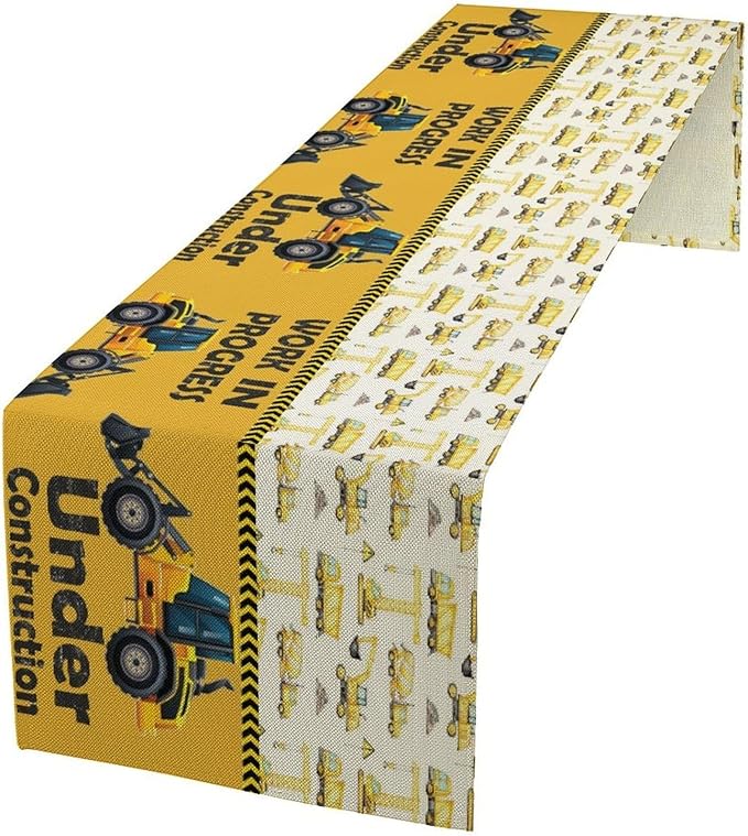 Cartoon Car Table Runner,Boys Kids Construction Vehicles Truck Yellow Print Tablecloth Burlap for Hotel Indoors Outdoor Dining Room Kitchen Home Decor,W13X L80 in