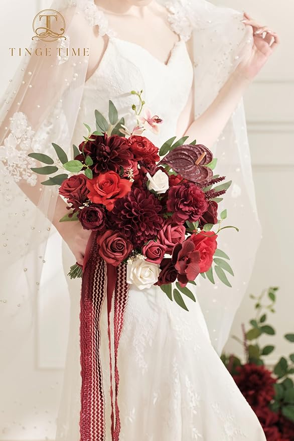 TINGE TIME 11 Inch Wedding Bouquets for Bride, Burgundy Artificial Flowers Bouquet, Brides & Bridesmaids Bouquet Tossing Bouquet for Wedding Anniversary Ceremony Bridal Shower Decorations
