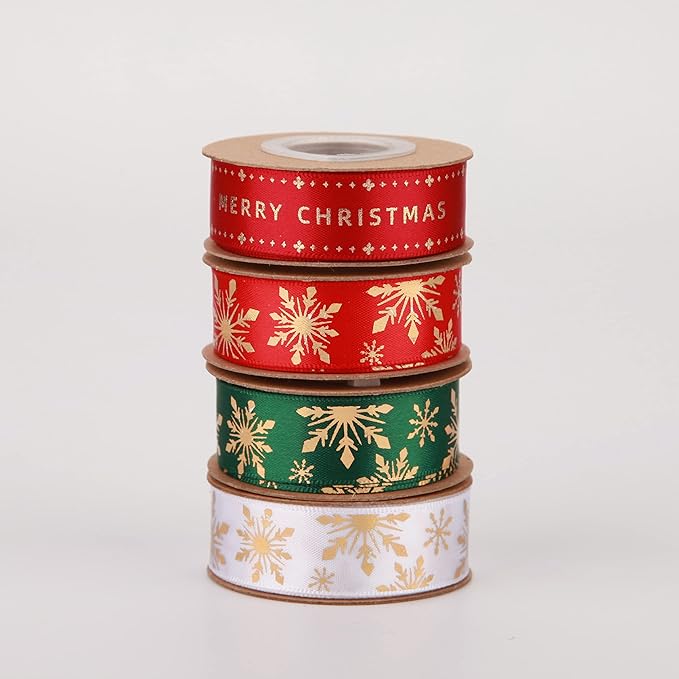 4 Rolls 20 Yards 5/8 Inch Christmas Candy Peppermint Ribbon Red and White Stripe Cotton Ribbons for Gift Wrapping, Wreath,Tree Decoration, Outdoor Deco (Gold foil Printed)