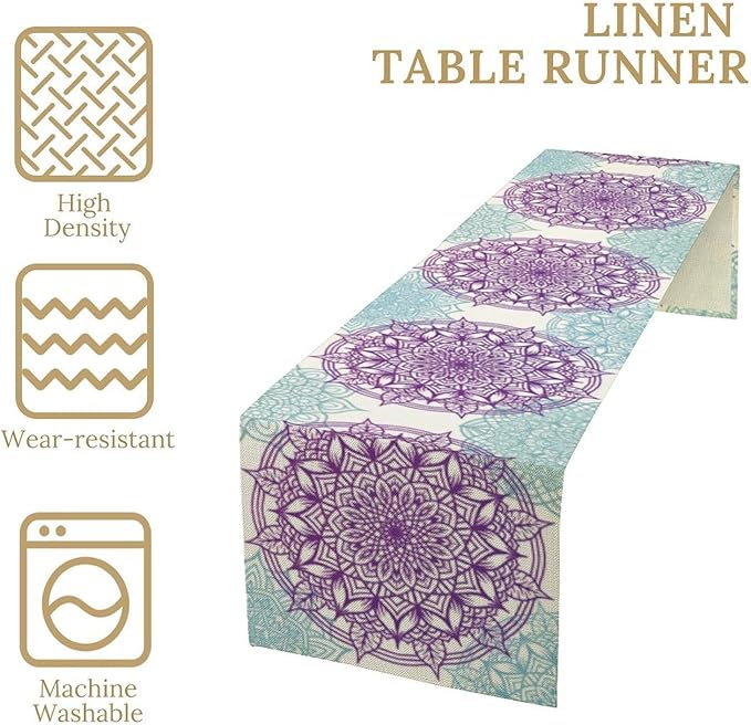 Boho Mandala Table Runner, Purple Blue Bohemian Floral Table Decor Runner for Kitchen Dining Indoor Outdoor Party Decoration, 13x90 Inch