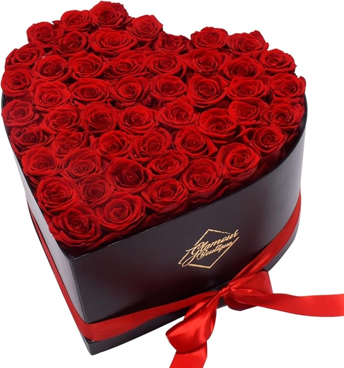 GLAMOUR BOUTIQUE 50 Flower Forever Heart Shape Box - Preserved Roses Gift for Her, Preserved Flowers, Red