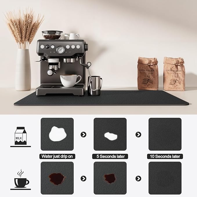 Dish Drying Mat for Kitchen Counter | Coffee Bar Mat for Countertops | Heat Resistant Drainer Mat with Non-slip Rubber Backed | Hide Stain Kitchen Absorbent Draining Mat | Black 18"x32"