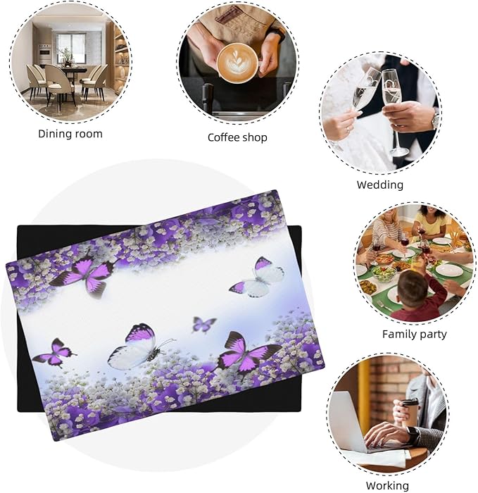 Purple Butterfly Flowers Placemats Set of 6,Spring Summer Flower Place Mats Washable for Kitchen Dining Table Heat Resistant Decorative Colth Table Mats 6 PCS, Style-1