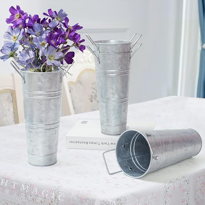 Galvanized Iron Rustic Vases, Water Leakage Proof Flower Bucket Pots ,Set of 4, Flower Arrangement Decoration and Household Decor Displayed in Flower Shops or Homes (9.03" H,4 Pieces)