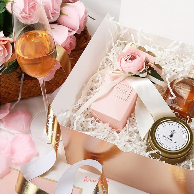 ROSEGLD 30 Gift Boxes 8x8x4 Inches With Lids, Bridesmaid Proposal Boxes for Light Weight Gifts (Glossy Rose Gold With Grass Texture)