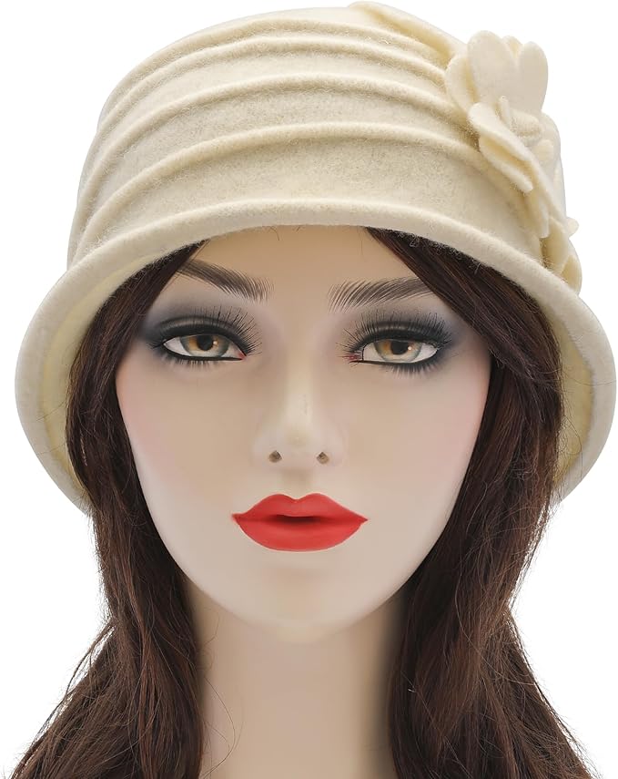 ZLYC Women Wool Cloche Bucket Hat 1920s Vintage Dress Winter Hats with Flower Accent