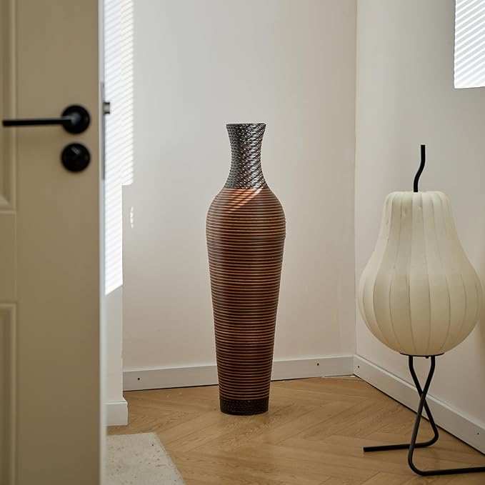 Large Hand-Woven Bamboo Floor Vase, Tall Home Decor Floor Vase for Fake Flower Dried, PVC Decorative Flower Holder for Living Room, Bedroom, Dining Room, Entryway, Hallway