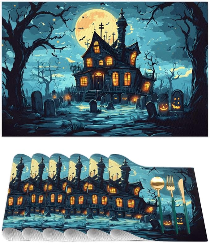 Halloween Castle Moon Scary Placemats Set of 4 PVC Vinyl Non Slip Table Mats Heat Resistant Place Mats Washable Wipeable Dining Table Mat for Kitchen Decor Party Indoor Outdoor Decorative Gift
