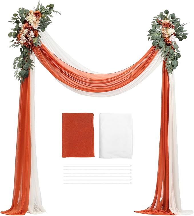 VEVOR Artificial Wedding Arch Flowers Kit, Orange Wedding Arch Flowers with Drapes Kit (Pack of 4) - 2 Pcs Floral Arrangement, 2 Pcs Sheer Drapes, for Ceremony Bouquets Reception Backdrop Decoration