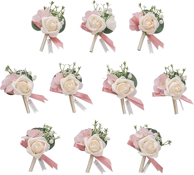 TINGE TIME Boutonniere for Men Wedding,Groom and Best Man Boutonniere for Wedding Ceremony Anniversary, Formal Dinner Party and Rustic Spring Wedding Marriage (10, Champange&Pink)