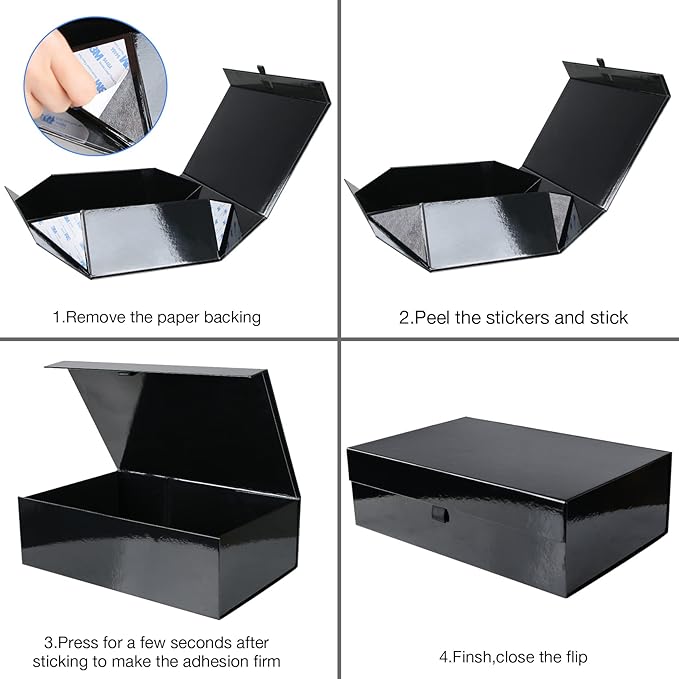 Aimyoo 3 Pack Black Collapsible Gift Box with Magnetic Closure Lids & Rope for Easy Opening 13.8x9x4.3, Bridesmaid Groomsman Proposal Boxes, Rectangle Storage Present Boxes