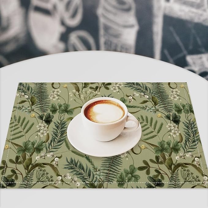 Retro Plant Placemats Set of 8, 17x12 Inch Green Leaves Retro Elegant Nature Plant Aesthetic Table Mats for Home Party Kitchen Dining Decor
