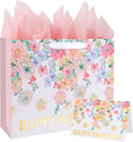 ASYEHJNR 13" Large Size Happy Birthday Gift Bag Floral Flower Pattern with Metallic Gold Happy Birthday Sign Vintage Gift Bag with Greeting Card and Tissue Paper for Girls Women