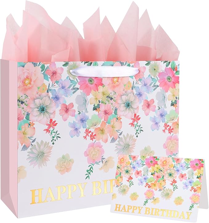 ASYEHJNR 13" Large Size Happy Birthday Gift Bag Floral Flower Pattern with Metallic Gold Happy Birthday Sign Vintage Gift Bag with Greeting Card and Tissue Paper for Girls Women