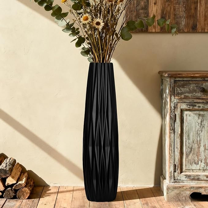 Tall Black Floor Vase – 28" Twisted Geometric Ceramic Vase for Modern Home, Living Room, Table Centerpiece or Corner Decoration