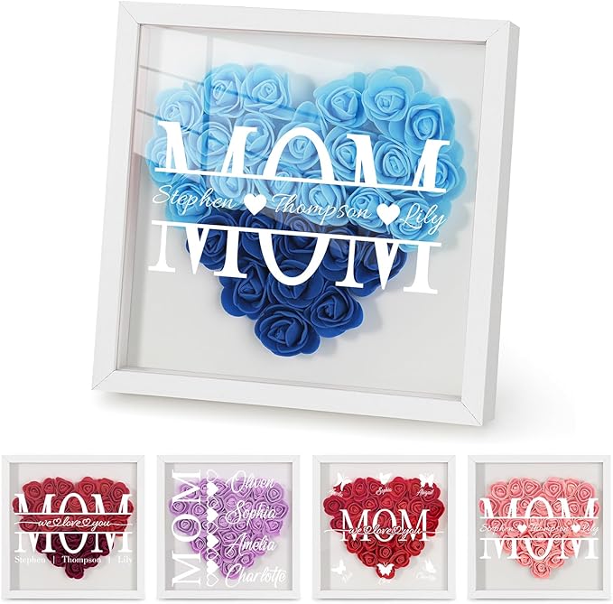 Mom We Love You - Personalized Flower Shadow Box with Names, Christmas Mothers Day Flower Box Gifts for Mom (Style 1-Mom with Names)