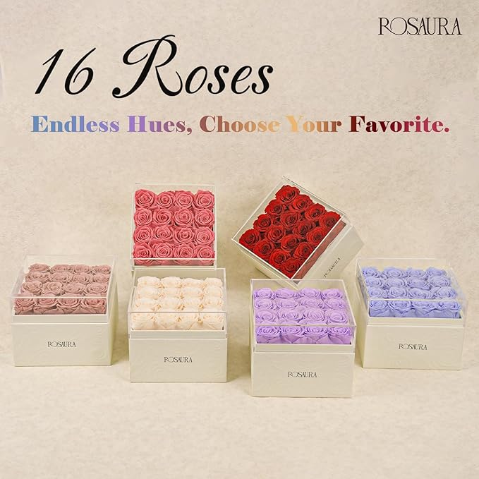 Rosaura Square Preserved Roses Gift Box - Real Forever Flowers in Clear Acrylic Lid, Valentine's for Women (Cappuccino, 16 Roses)