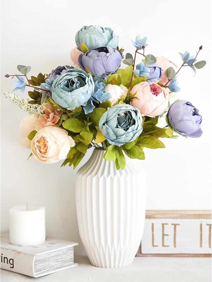 FiveSeasonStuff Vintage Artificial Peonies Silk Peony Flowers and Hydrangeas for Wedding Bridal Home Décor – Beautiful Floral Centerpiece Arrangement with 2 Bouquets (Tranquil Blue and Pink Mix)