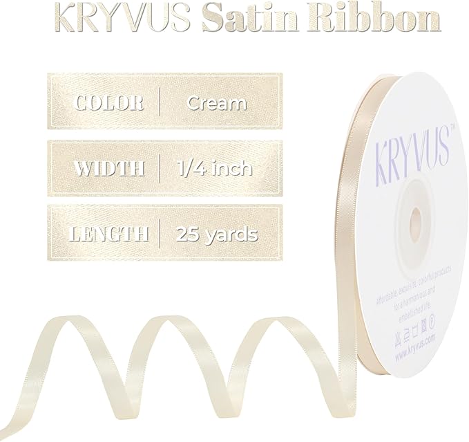 Cream Satin Ribbon, Double Faced 1/4 Inch X 25 Yards Cream Ribbon, Premium Satin Ribbon for Gift Wrapping, Crafts, Hair Bow Making, Sewing, Flower Bouquet, Wedding Party Decor