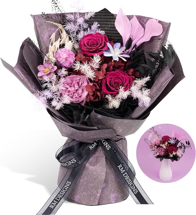 Rosaura Preserved Flowers Bouquets, Natural Real Roses for Delivery Prime, Forever Rose Bouquets Valentine's Day, Mother's Day, Christmas, Birthday Gifts-Dark Purple (with vase)