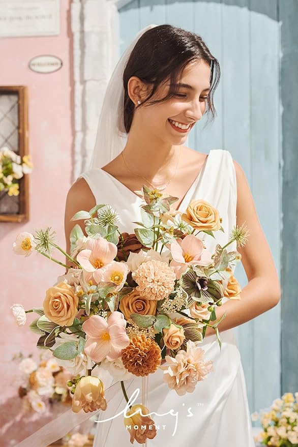 Ling's moment Peach Wedding Bouquets for Bride, Apricot Bridal Bouquets for Bride,15 Inch Free Form Artificial Wedding Flower Bouquet