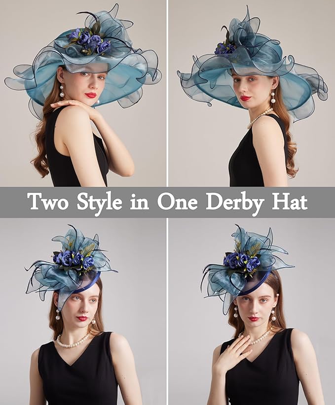 Organza Derby Hats for Women Wide Brim Fascinator Hat Rose Flower Wedding Tea Party Hat