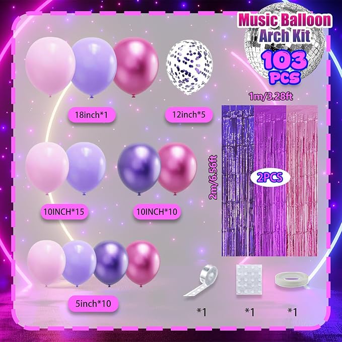 Purple Pink Balloon Garland Arch Kit Birthday Party Decorations, Music Themed Foil Fringe Curtains Backdrop Tinsel Streamer Photo Booth Props for Girls Butterfly Christmas Party Decor Supplies