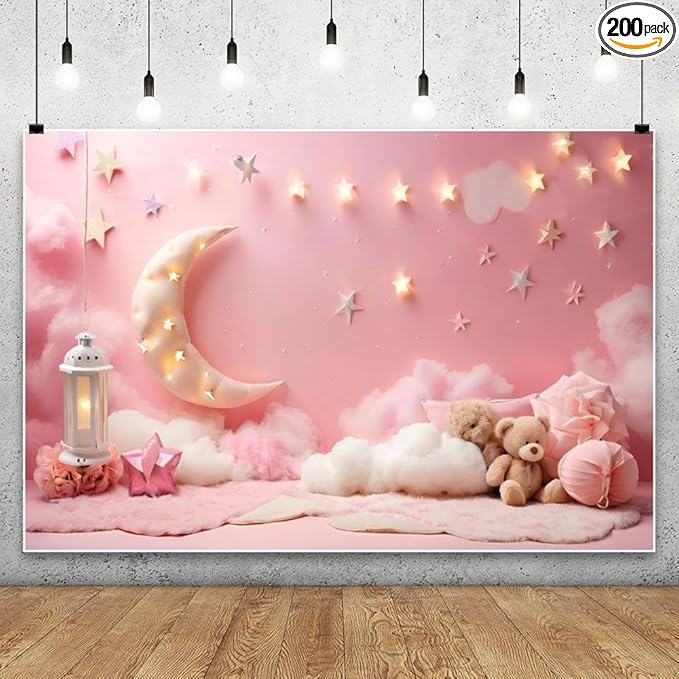 8x8ft Pink Cotton Cloud Backdrop Pink Flowers Moon and Stars Light Decor Cute Teddy Photography Background Children Baby Shower Backdrops for Shoot Photo Video Prop
