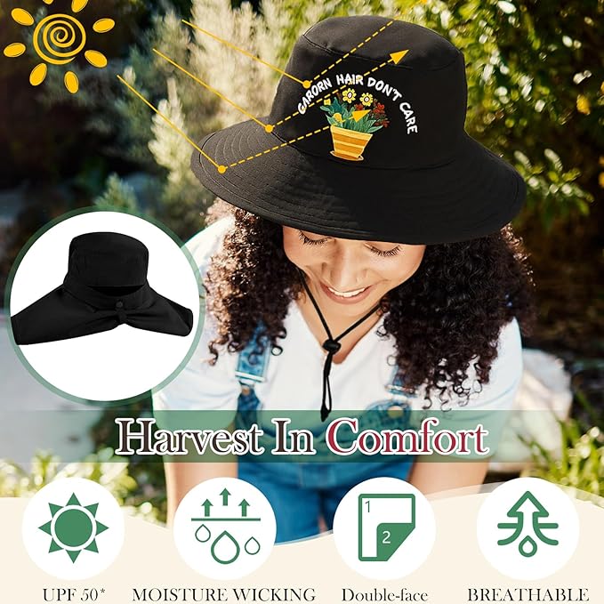 Garden Hats for Women Gardener Gifts Sun Protection Wide Brim Embroidered Hat with Neck Flap for Christmas Birthday