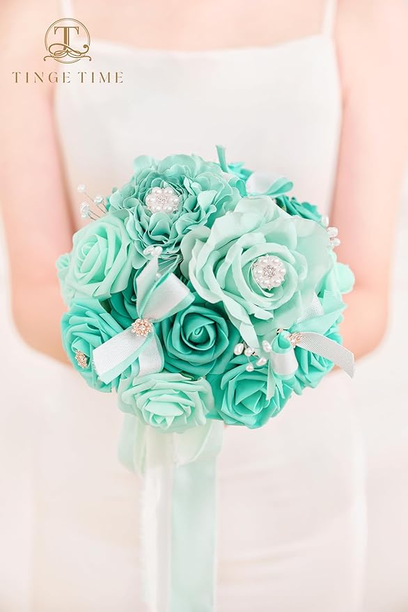 TINGE TIME Bridesmaid Bouquets for Wedding Set of 6 Teal Blue 7 Inch Wedding Bouquets Artificial Silk Flowers Bridal Bouquets for Bridesmaids, Wedding Decor, Anniversary