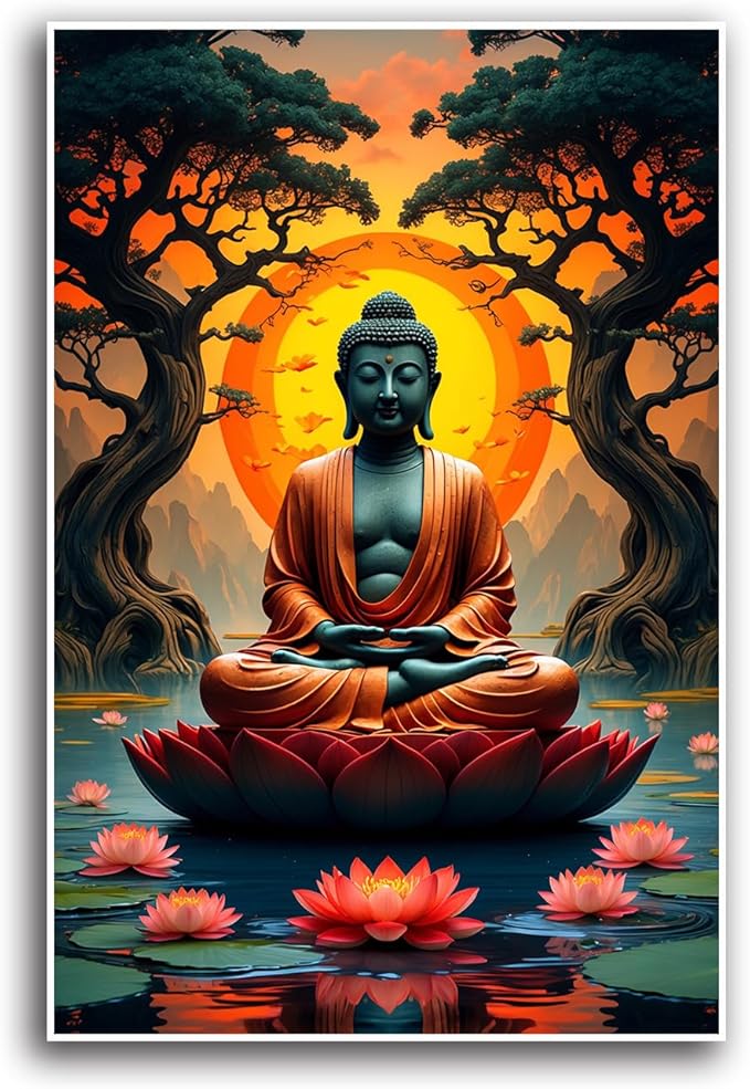 Canvas wall art Golden Buddha on lotus at sunset Ancient trees with reflections on water Serene meditation scene Uplifting wall art for mindfulness and tranquil home decor 8x12in Frameless