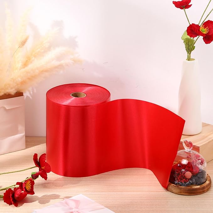 Syhood Outdoor Leaf Ribbon Floral Satin Ribbon for Crafts Aspidistra Waterproof Holiday Outdoor Decoration(8 Inch X 216 Yards,Red)