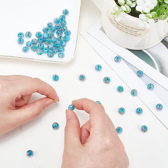 PH PandaHall 70pcs 6~8mm Gold Sand Lampwork Beads Glass Handmade Round Loose Beads for Rosary Making Jewelry Craft Making with 2mm Hole - Deep Sky Blue