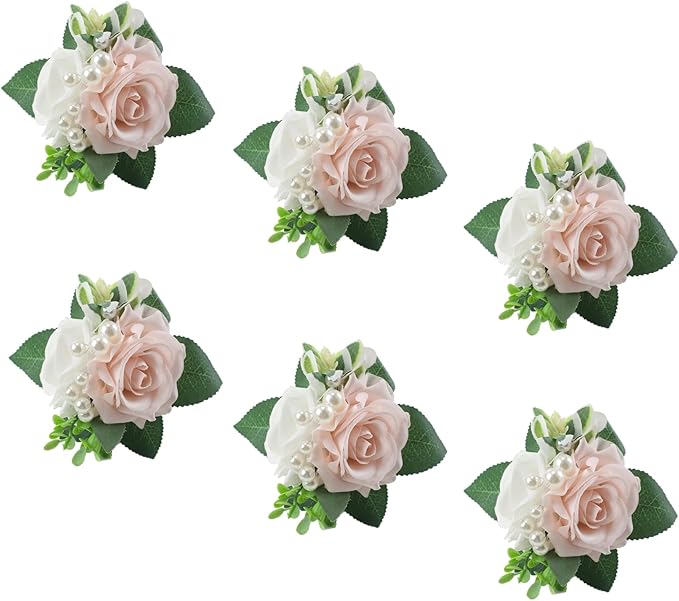 Meldel Pink&White Boutonniere for Men Wedding, Set of 6,Elegant Pearls Rose Boutonniere for Groom Groomsman Prom,Homecoming,Anniversary,Party,Prom Flowers and Vintage Wedding