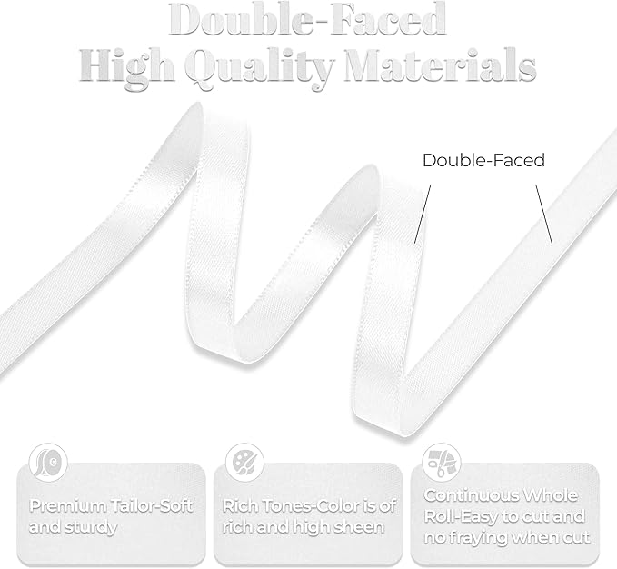 White Satin Ribbon, Double Faced 3/8 Inch X 50 Yards White Ribbon, Premium Satin Ribbon for Gift Wrapping, Crafts, Hair Bow Making, Sewing, Flower Bouquet, Wedding Party Decor