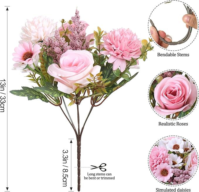 Dremisland Artificial Flowers Like Real Artificial Bouquet 4 Packs Silk Artificial Roses Bouquet with Daisy Chrysanthemum Pink Flowers for Centerpiece Table Wedding Party Home Decor