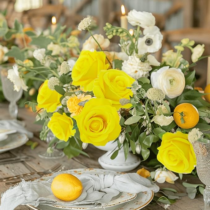 Felice Arts 12 Pack Lemon Yellow Artificial Flowers with Stems Silk Roses Fake Flowers Bouquet for Wedding Centerpiece Table Vase Home Kitchen Party DIY Decor