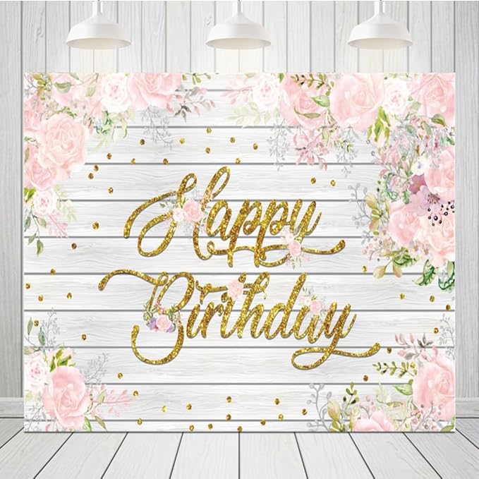 Rustic Wood Flower Happy Birthday Backdrops, 10x8ft, Pink Floral Birthday Photography Backgrounds Sign Banner Party Decorations for Girl Women