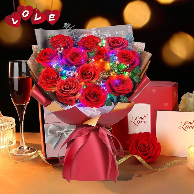 ADDWel 12 Preserved Red Roses Bouquet - Real Roses That Last 3+ Years, Romantic Christmas, Anniversary & Birthday Gifts for Wife, Girlfriend - A Dozen Flowers for Delivery, Present for Her, Mom