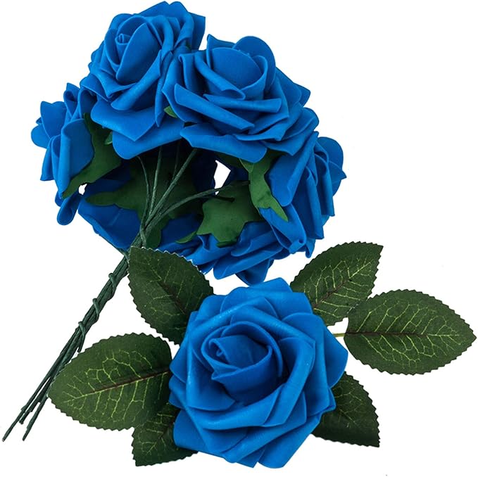 Artificial Flowers Roses 25pcs Blue Roses Wedding Decoration Real Looking Fake Roses w/Stem for DIY Wedding Bouquets Centerpieces Arrangements Party Baby Showers Home Decorations (Royal Blue, 25 pcs)