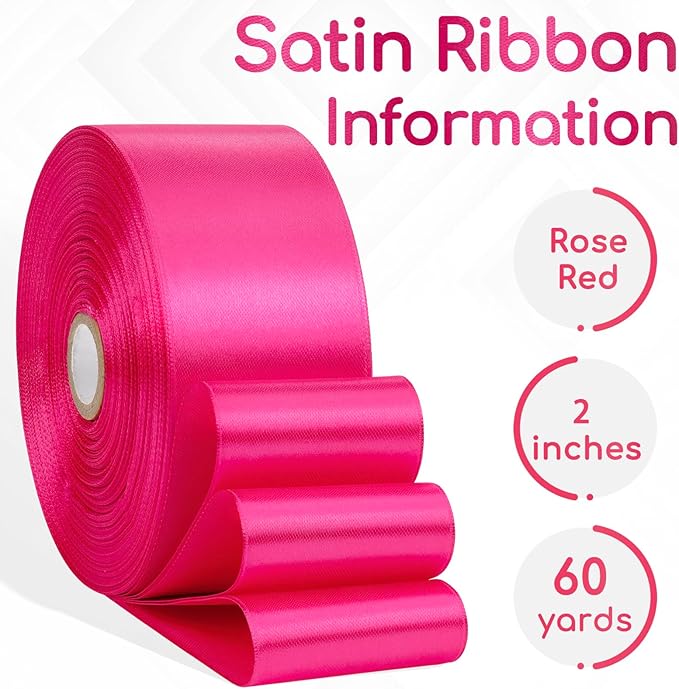 Hot Pink Ribbon 2 Inch, 60 Yards Hot Pink Satin Ribbon for Handmade Roses, Crafts, Gift Wrapping, Flower Bouquet, Hair, Wedding and Festival
